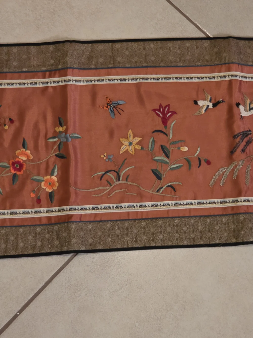 Chinese Silk Embroidered Birds Floral Panel Tapestry Table Runner 70